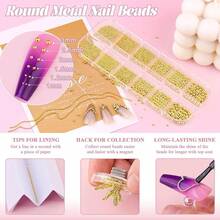 1-3MM Small Nail Beads Metal Caviar Bead Silver Gold Nail Charms And Gems Ball, Nail Chain Nail Art Accessories Supplies Gold Rhinestones Women Manicure - 07 金色釘珠配釘鏈 - 查看 7