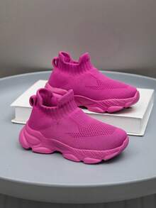 1 Pair Kids' Sneakers, Breathable Elastic Soft Shock-Absorbing Quick-Drying Lightweight Waterproof Combination Of Fabric And Leather Upper, Casual Street Style Suitable For Running, Walking, School, Knitted - Red Violet - View 4