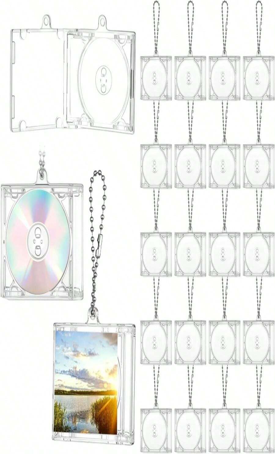 20 Pcs Mini Cd Keychain Album Cases Plastic Cd Cases Clear DVD Cover Bulk DVD Jewel Keyring Music Blank Mini Compact Disc Holder Pendant Personalized For DIY Backpack Hanging Decor Gifts - 白色 - 查看 1