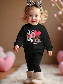 1 件幼儿女童休闲豹纹心形印花圆领套头衫，秋冬 - 黑色 - 查看 7