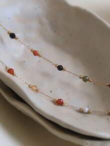 1pc Stainless Steel Colorful Daisy Flower Beaded Necklace - Elegant Vintage Style Delicate Chain With Multi-Color Floral Accents, Mother's Day Gift For Women, Everyday & Holiday Jewelry, Versatile Gold-Plated Flower Necklace (Bead Color Random) - Multicolor - View 8