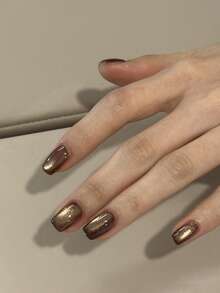 10片/套 手工制作 短款可佩戴美甲贴片，棕色猫眼闪粉美甲贴片，柔和百搭的方形美甲贴片，适合女孩日常佩戴、外出、节日、派对、生日等场合，可卸可重复使用。 - 咖啡棕 - 查看 4