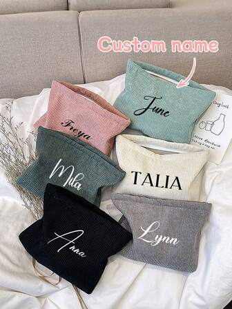 Customized Corduroy Cosmetic Bag, Personalized Name Text Lipstick Storage Bag, Women Simple Large Capacity Zipper Design Storage Pouch For Lipstick, Coin, Great Gift For Friends, Girlfriends, Best Friends' Birthday, Multi-Functional, Ornamental, Letter, Solid Color, Vintage, Modern,Christmas Beauty Accessories