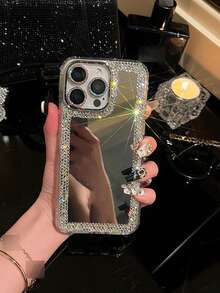 Luxury Rhinestone Edged Electroplated Button 3-In-1 Mirror Phone Case With Heart Shaped Bow Lanyard, Compatible With Iphone 17 Pro Max/16 Plus/XR - Silver - View 3