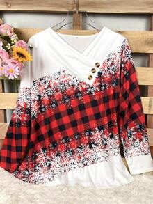 1pc Women Plus Size Christmas Snowflake Plaid Print Button Decor Crossed V-Neck Long Sleeve Top, Christmas