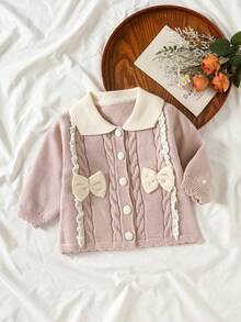 WUHUANG YIYI Cardigan Rajut Bayi Perempuan Lucu Warna Polos Buatan Tangan dengan Hiasan Pita dan Renda, Cocok untuk Musim Gugur/Musim Dingin - Krem - View 1
