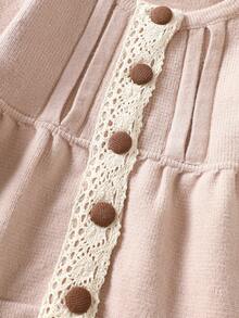 WUHUANG YIYI 2pcs/Set Girls Cute Round Neck Lace Waist Solid Color Sweater Top & Pants Set, Loose Fit For Daily Wear, Autumn/Winter - Pink - View 5