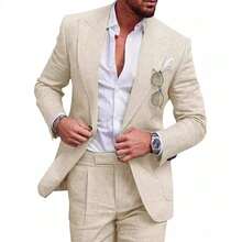 Costumes For Men New Men's Plus Size Two-Piece Suit Set Single-Button Linen Solid Color Suit - 深灰色 - 查看 3