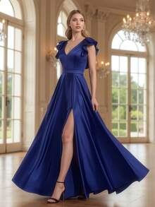 Grife Velasco Long Elegant Plain Prom Dress With Slit And Ruffle Sleeves - Navy Blue - View 1