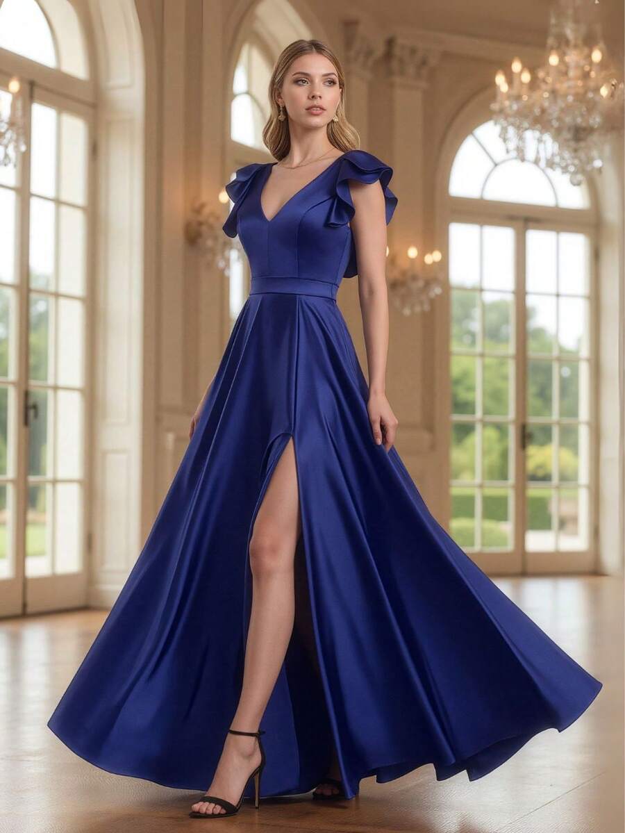 Grife Velasco Long Elegant Plain Prom Dress With Slit And Ruffle Sleeves - Navy Blue - View 1
