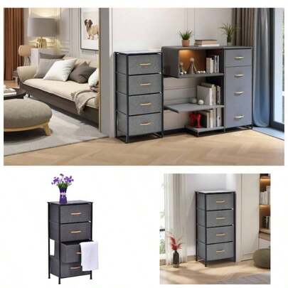 Chest Of Drawers - Single Fabric Storage Tower With 4 Drawers, Sturdy Black Steel Frame, Black Wooden Top Black Easy Pull Fabric Drawers