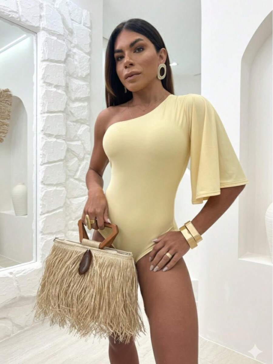 Body Feminina Ombro Unico Modelagem Ajustada Ao Corpo Manga Ampla Em Estilo Flere Casual e Elegante