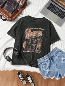 Halloween Summer Women's Skull Print Casual Simple Everyday Loose Washed Cotton Short-Sleeved Round Neck T-Shirt Tops Women's Summer Washed Cotton Cute Tops