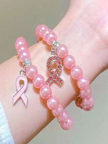 Elegant Ribbon Pendant Beaded Bracelet, Fashion Jewelry Accessory, Breast Cancer Awareness Gift For Women