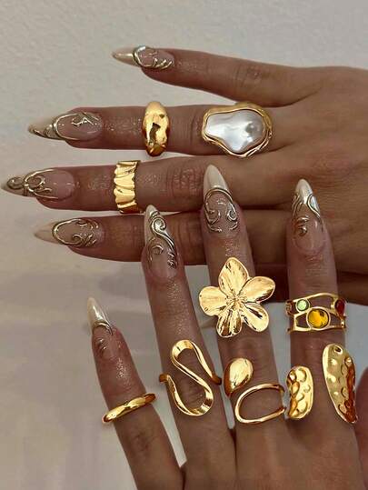 9/3件套复古硬币风格时尚优雅精致复古花卉几何吊坠不对称造型仿珍珠彩色宝石纹理扭曲方形素面超大粗戒，适合节日、派对、约会、送礼、日常佩戴