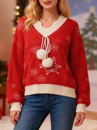 New Women Contrast Color Loose Casual Comfortable Knitted Pullover Sweater, Suitable For Christmas