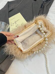 Bolso de hombro versátil para mujer con solapa de cadena esponjosa en color caqui, para uso diario y bolsillo para teléfono