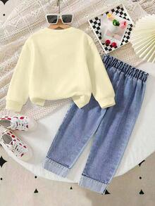 2pcs/Set Young Girls Casual Cherry Print Crew Neck Sweatshirt And Matching Cherry Print Denim Pants Set, Autumn/Winter - Apricot - View 2