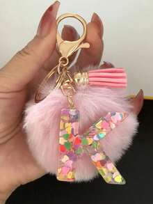 Alphabet Initial Letter Keychain Cute Plush Pom Key Chain Ring Bag Backpack Charm Car Hanging Pendant Women Girls Gift,Cute Sequins Resin Key Chain,Wallet And Handbag Accessories, Keychain With Tassels,Alphabet Initial Letter A-Y School - Multicolor - View 8