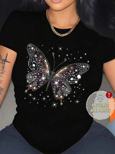 Camiseta básica de manga corta para mujer Otoño/Invierno 2025 - Cuello redondo, holgada, estampado elegante de mariposas de moda, tejido suave con excelente caída. ¡Ultra combinable