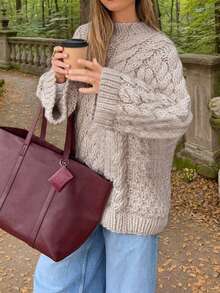 百搭宽松针织纹理圆领毛衣，时尚简约超大麻花针织套头衫，通勤优雅度假休闲装上衣，适合各种场合#KnittedSweter - 杏色 - 查看 4