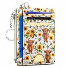 Highland Cow Sunflower Credit Card Holder Small Wallet Women, Slim RFID Blocking Wallet Woman Keychain With Zipper Coin Pocket, Front Pocket Thin Travel Card Case With ID Window Ladies Gifts{"Color_name":"Cow"} - 多色14 - 查看 1