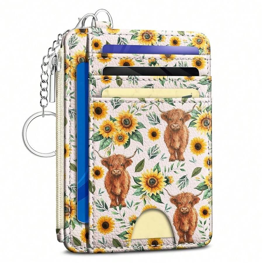 Highland Cow Sunflower Credit Card Holder Small Wallet Women, Slim RFID Blocking Wallet Woman Keychain With Zipper Coin Pocket, Front Pocket Thin Travel Card Case With ID Window Ladies Gifts{"Color_name":"Cow"} - 多色14 - 查看 1