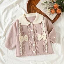 WUHUANG YIYI Cardigan Rajut Bayi Perempuan Lucu Warna Polos Buatan Tangan dengan Hiasan Pita dan Renda, Cocok untuk Musim Gugur/Musim Dingin - Krem - View 12