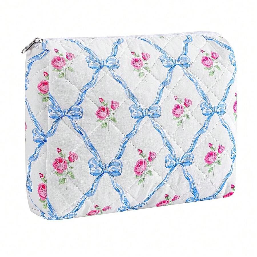 Makeup Bag Travel Cosmetic Bag For Women Girls, Zipper Make Up Pouch, Floral Flowers Toiletry Organizer Makeup, Portable Storage Cosmetic Travel Cloth Bag (L/Blue Bowknot){"Color_name":"U4Large/BlueBowknot"} - U4大/藍色蝴蝶結 - 查看 1