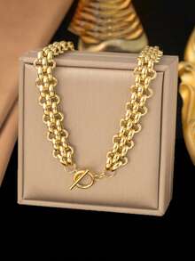 2pcs/Set Stainless Steel Personalized Hip-Hop Exaggerate Thick Chain Necklace + Bracelet Jewelry Set, Suitable For Daily Wear, Festival Gift - Yellow Gold - View 4