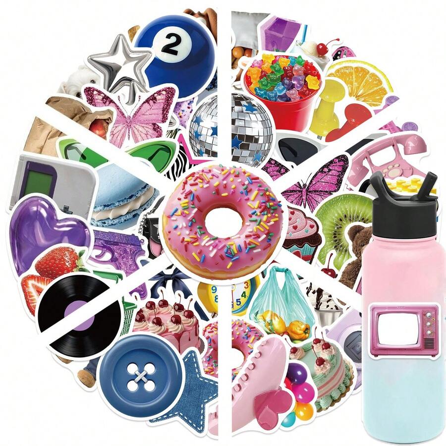 50pcs Y2K Stylish Stickers, Personalized Stickers, Affordable Stickers, Waterproof Vintage Vinyl Stickers Suitable For Laptop, Phone, Car, Skateboard, Water Bottle, Scrapbook, Computer, Diary - Multicolor D - View 1