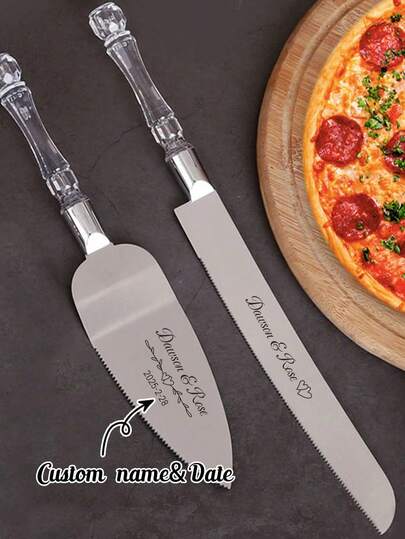 2pcs Personalized Stainless Steel Engraved Cake Knife Set, Custom Crystal Handle Cake Cutting Tools, Suitable For Wedding, Cake Spatula, Pizza And Cheese Cutter, Baking Utensils. Personalized Stainless Steel Cake Knife Can Be Engraved, Knife Length: 33.5cm/13.2in, Spatula Length: 27.5cm/10.8in. Wedding Cake Knife And Fork Set, Wedding Cake Cutting Set, Stainless Steel Material, Fashionable And Cute, Colorful, Customizable, Personalized, Unique, Ideal Gift For Friends, Family And Office.