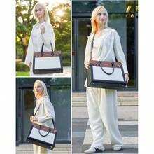 Laptop Bag Women 15.6 Inch Work Tote, Business Computer Briefcase, Waterproof PU Leather Tote Bag Teacher, Office Shoulder Tote Purse - 17吋+黑白棕 - 查看 2