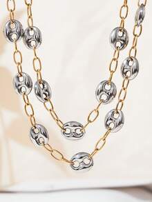 1pc Stainless Steel Bicolor Pig Nose Thick Chain Necklace, Fashionable & Versatile Jewelry - Pig Nose Necklace - View 4