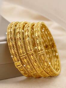 1pc Stacked 24K Gold Plated Heart & Four Leaf Clover Openable Bracelet, Popular Dubai & Europe Style, For Summer Wedding Season