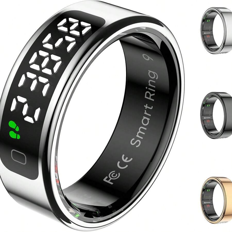 Smart Ring With Display Screen - Fitness Tracker With Heart Rate Monitor, Sleep Tracking, Wireless Charging, Activity/Step/Calorie Counter, Compatible With IOS & Android - Silver - View 1