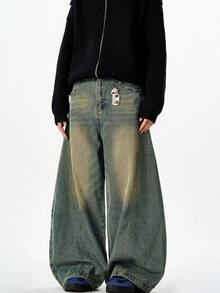 1pc Justice Brother Vintage Washed Loose Fit Wide Leg Jeans, Fashionable & Versatile American Style - Blue - View 2