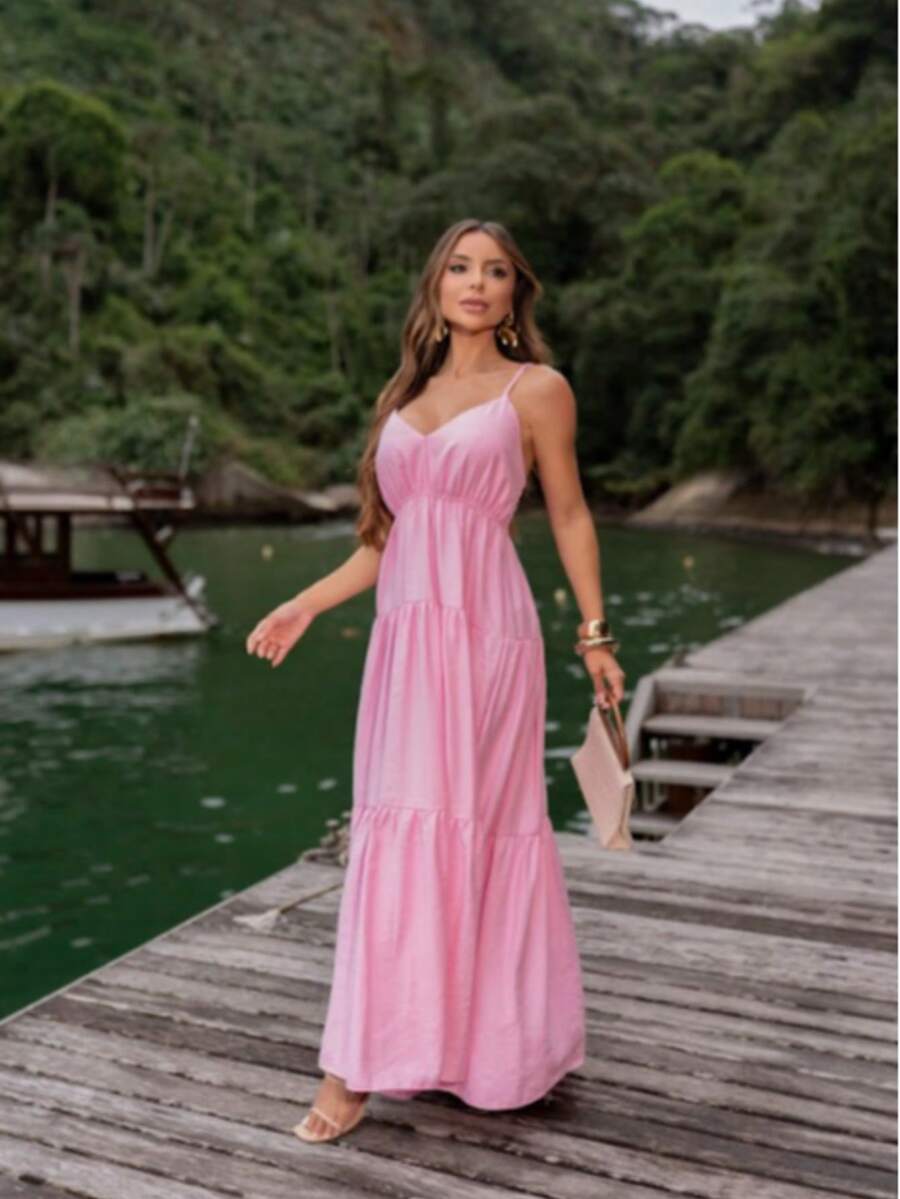Women's Long Dress With Loose Straps, Light Summer - Dusty Pink - View 1