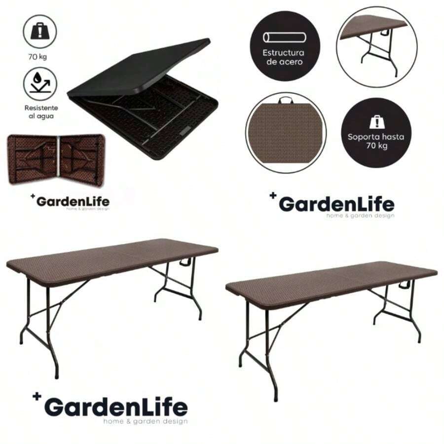 u207AGardenLife Mesa Plegable Plastico 1.80 Metros, Altura Regular, Porttil y Duradera, para Interior y Exterior, Excelente Calidad, para Patio, Jardn, Comedor, Eventos Blanco - Marrón + 1.8 M - Ver 1