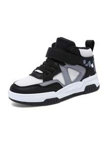 1 Pair Children's Mixed Material Splice Leather Waterproof Platform Mid-Top Casual Sneakers, Fashion Unisex Kids Sports Shoes, Suitable For All Seasons - Black - View 14