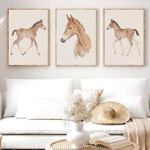 3pcs/Set, Canvas Framed Wall Art, Watercolor Foal Painting, Featuring A Foal In Soft Brown Tones, Ideal For Decorating Nurseries Or Kids' Rooms In Country Style Kids' Room Decor, Nursery Decor, Parenting Room Decor, Preschool Decor, Boys' Room Decor/Girls' Room Decor, Playroom Decor