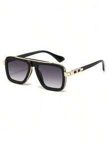 1pc Men's Double Beam Fashion Glasses, European And American Style Streetwear Shades, And Versatile Eyeglasses For Outdoor Gatherings Accessories Beach Accessories Glasses Shades Looks Street Style And Suit For Sweater Jacket Sweatshirt Hoodie Leather Pants And Cargo Pants - 金黑色 - 查看 3