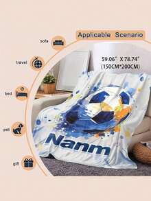 1pc Customized Name Blanket, Football Pattern Printed Flannel Blanket, Soft & Warm, Suitable For Napping, Sofa, Office, Bed, Camping, Versatile Gift Blanket, All Seasons, Christmas Gift - 280g Fabric - Multicolor - View 10