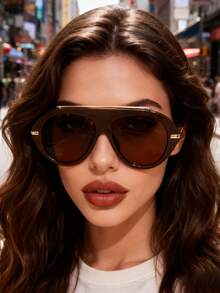 1 Pair Large Frame Fashion Glasses, High-End, Personalized, Versatile, Casual Elegant Women's Glasses, Suitable For Daily Wear, Street Photography, Vacation Travel, College Style, Summer Beach Accessories, Women's Accessories, Campus Outfit. - 棕色 - 查看 3