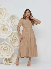 Women's Midi Dress Três Marias Laise Mesh Wedding Evening Formal And Night Elegant And Casual - Light Beige - Xem 6
