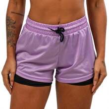 Women's Double Gym Shorts With Hidden Pocket Back Loop For Towel/Perforated Dryfit T-Shirt - Màu Lilac Tím - Xem 9