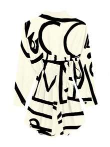 女士时尚印花褶皱腰身长袖修身轻薄衬衫裙，适合工作和通勤，春夏款 - 白色字母 - 查看 7