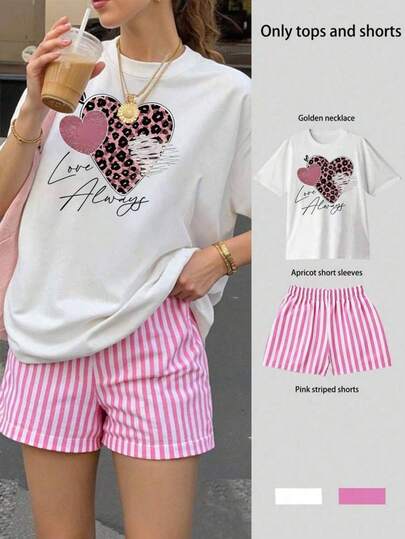 2 pack Conjunto dos piezas ropa mujer  verano  parte superior camiseta playera estampado grafico corazones animal print "love always", manga corta y shorts a rayas ropa de diario, casual y vacaciones de playa