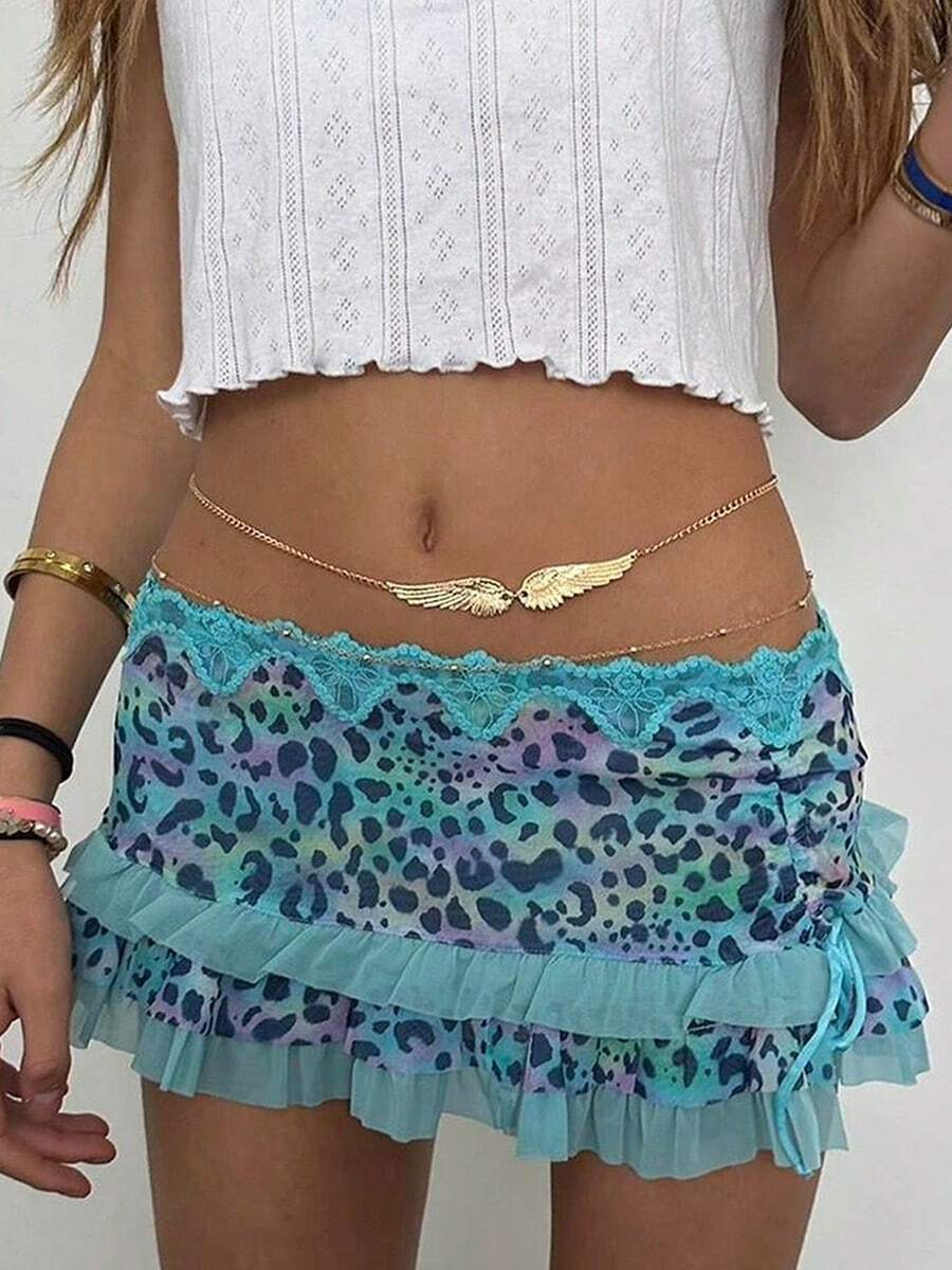 Women Mini Short Skirt Low Waisted Leopard Print Ruffle Lace Edge Fashion Short Skirt - Màu xanh lam - Xem 1