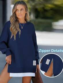 ChicMe 女式圆领长袖套头衫连衣裙拉链开衩设计仿两件套纯色休闲超大码服装适合日常街头